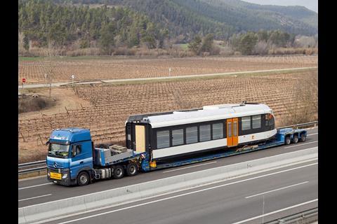 Stadler GTW 2/6 diesel multiple-unit being delivered to Catalan regional operator FGC (Photo: FGC).